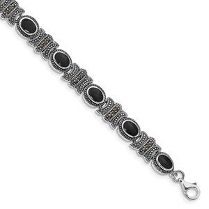 925 Sterling Silver Genuine RH-plated Marcasite & Onyx 7.25" Bracelet